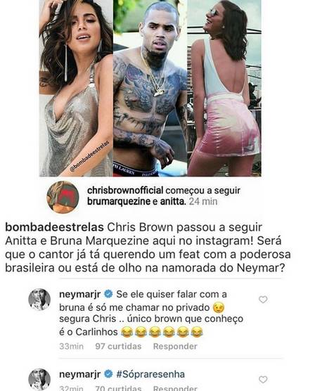 Neymar comenta Chris Brown seguir Bruna Marquezine Instagram